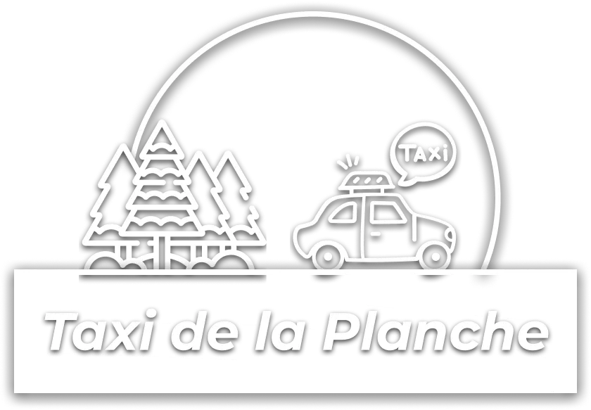 logo du site. On peut voir un taxi avec des sapins avec en fond le soleil. En dessous ce trouve une planche avec écrit Taxi de la Planche